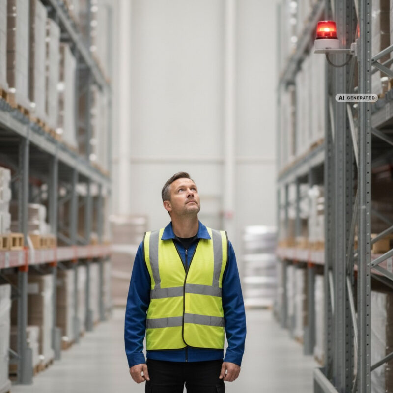 Warehouse worker in a hi-vis vest looking up at a red visual alarm beacon in a bright warehouse aisle