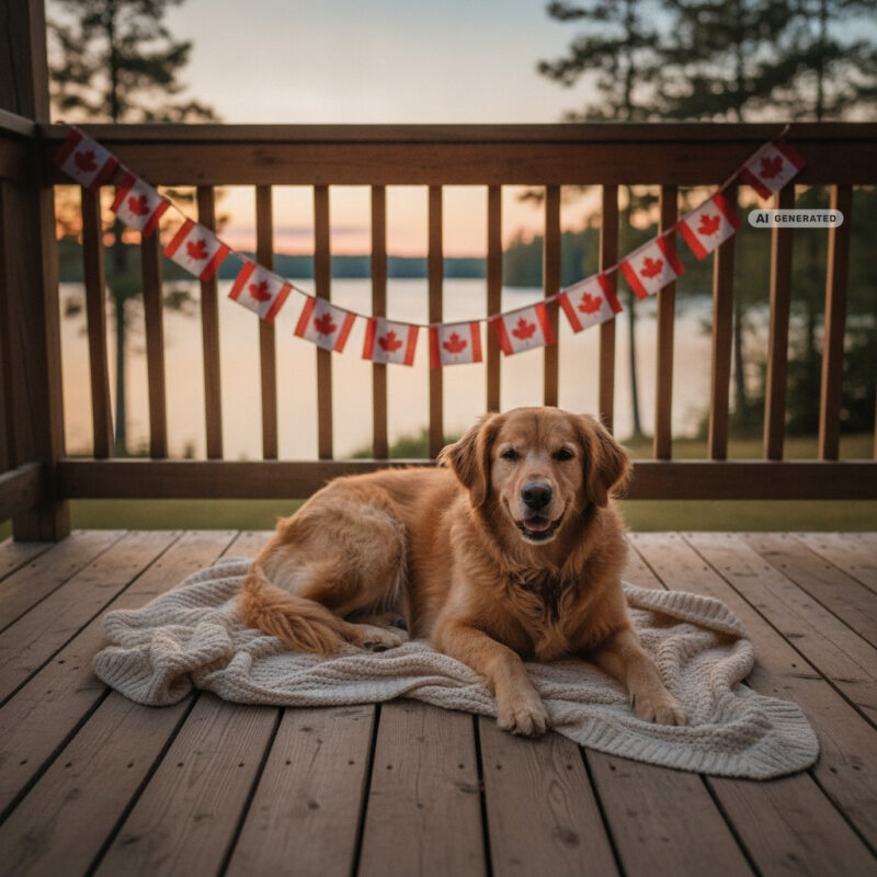 Dog resting on a blanket on a cottage porch at dusk, with Canadian flag bunting on the rail and a lake and pine trees behind