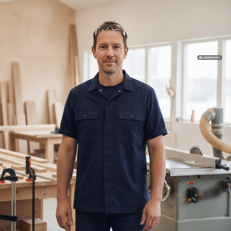 A joiner in a navy work shirt with safety glasses pushed up on his forehead standing in a bright UK joinery workshop, workbenches, clamps and a table saw behind him