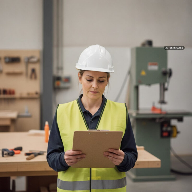 Maintenance technician in a hi-vis vest and hard hat reviewing a clipboard in a bright fabrication workshop