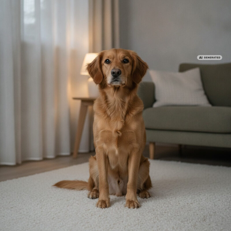 A calm mixed-breed dog sitting on a wool rug in a softly lit living room at dusk with the curtains partly drawn
