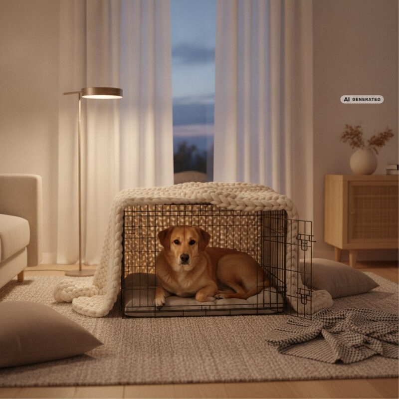 A dog resting in a blanket-covered den in a lamp-lit living room on an autumn evening