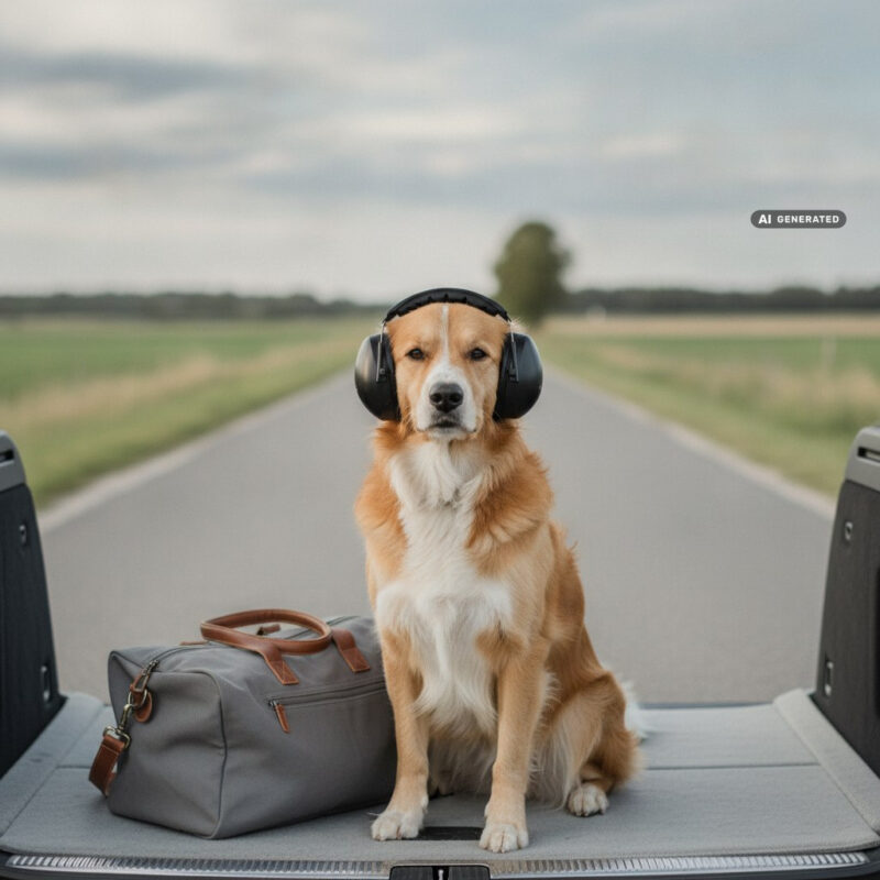 Dog wearing black over-ear ear muffs sitting in the open boot of an estate car beside a grey travel bag, with a quiet countryside road behind