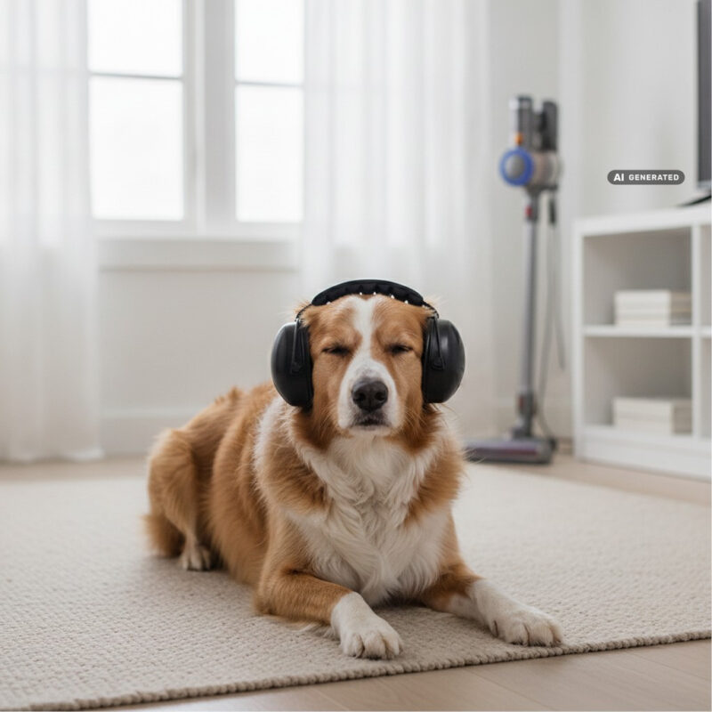 A dog wearing black ear muffs lying calmly on a living room rug with an upright vacuum cleaner in the background