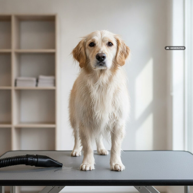 Damp dog standing on a grooming table in a bright salon with a force dryer hose and nozzle resting beside it