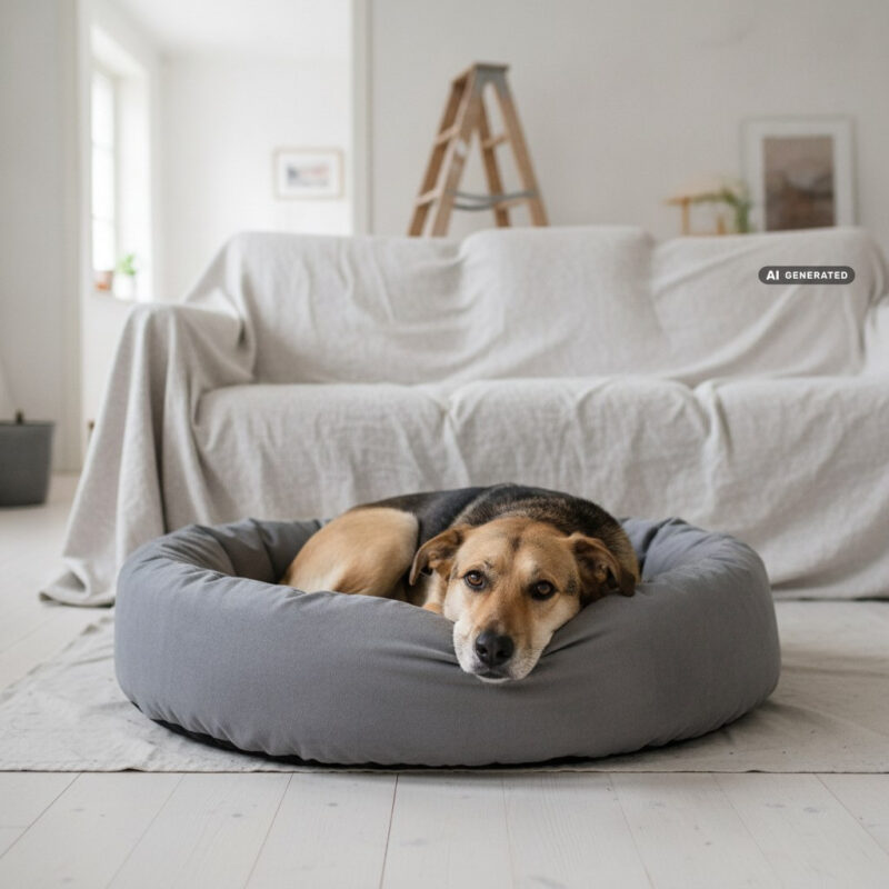 Mixed-breed dog resting its head on the rim of a grey dog bed in a living room under renovation, with dust sheets over the sofa and a stepladder behind