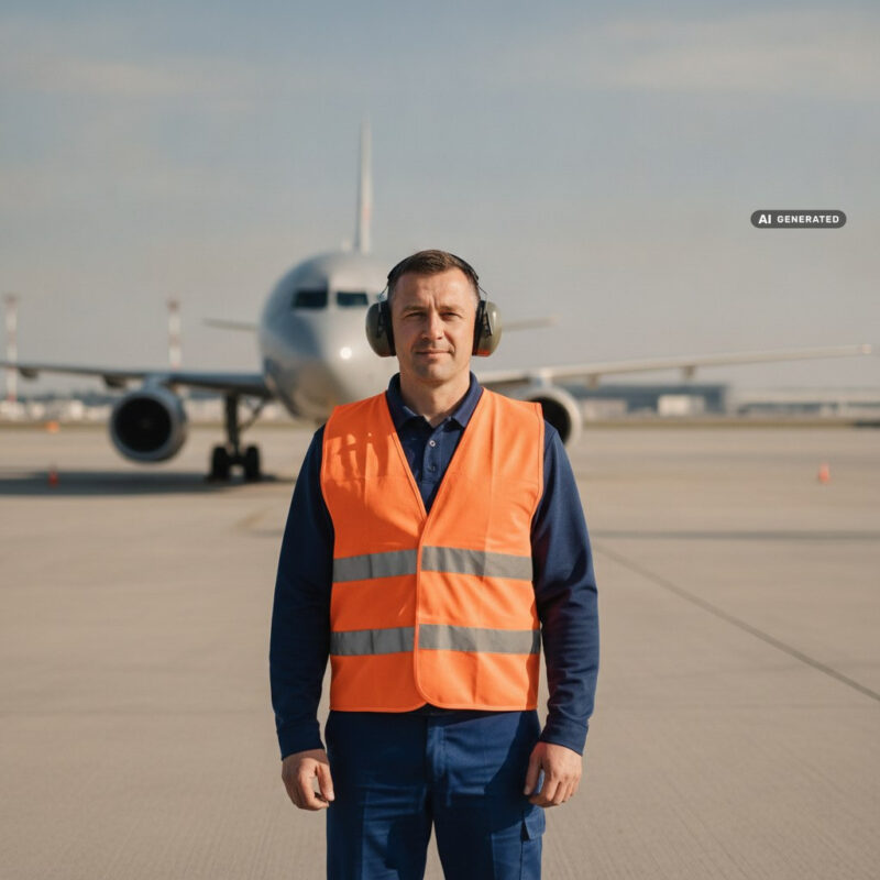 Airport ramp agent in a high-visibility vest wearing ear defenders on a sunlit apron with a parked jet behind him