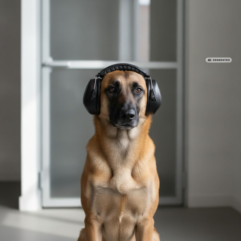 A Belgian Malinois wearing over-ear dog ear muffs sitting calmly in a quiet kennel block