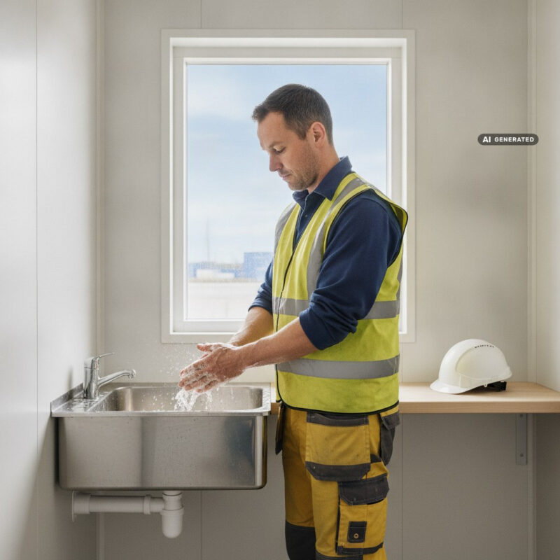 A construction worker in a hi-vis vest washing his hands at a basin in a clean site welfare cabin at the end of a shift