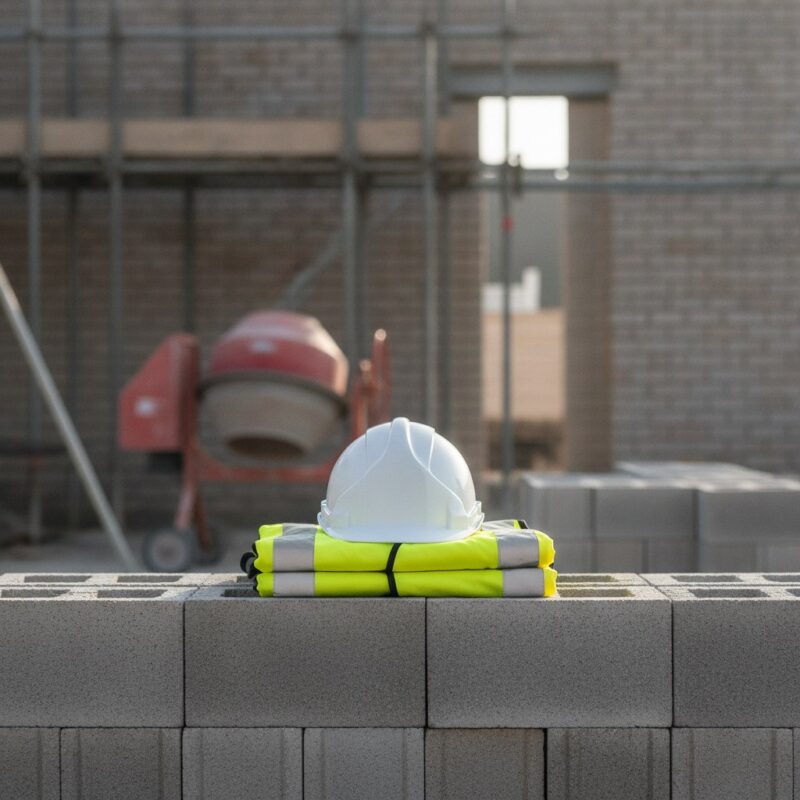 A white hard hat and yellow high-visibility vest resting on concrete blocks on a UK building site, with scaffolding and a concrete mixer in the background