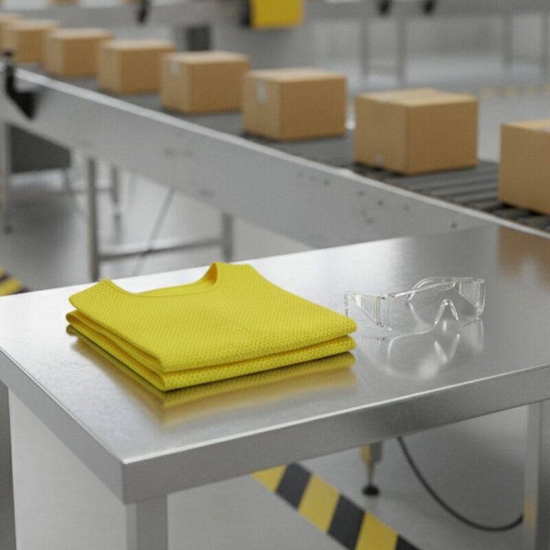 Folded yellow hi-vis vest and clear safety glasses on a stainless-steel workstation beside a factory conveyor line