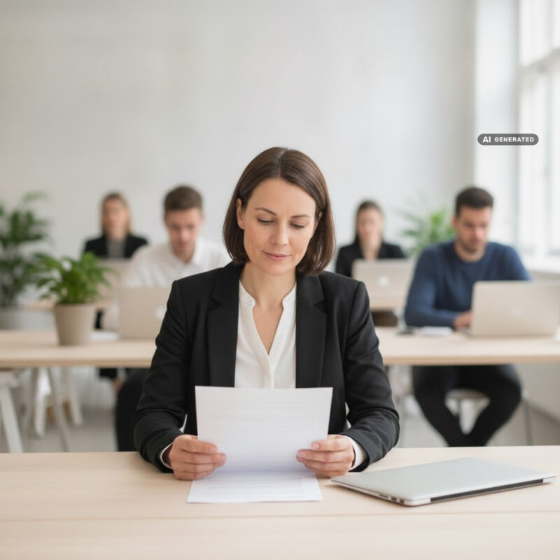 Woman reading a document at her desk in a bright open-plan office with colleagues out of focus behind her