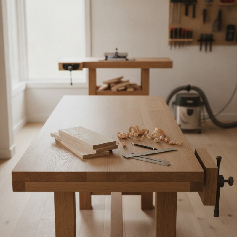 Oak workbench with planed boards, a combination square, a pencil and wood shavings in a UK woodworking workshop, with a saw bench and dust extractor in the background