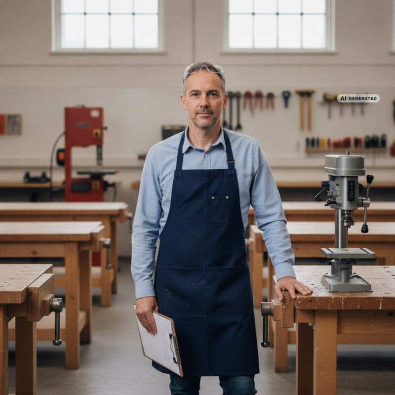 Design and technology teacher in an apron standing at a workbench beside a pillar drill in an empty school workshop