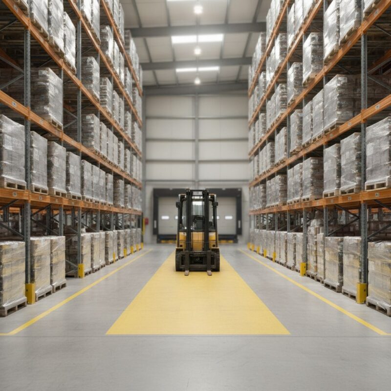 A parked forklift at the end of a warehouse aisle between tall pallet racks, with a marked pedestrian walkway on the floor