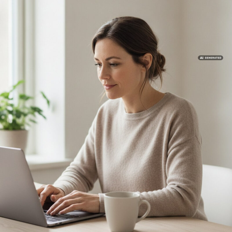Woman working calmly on a laptop at a wooden desk in a bright home office with daylight from a window