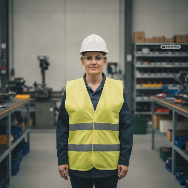 Maintenance technician in a hard hat, safety glasses and hi-vis vest standing in a bright workshop