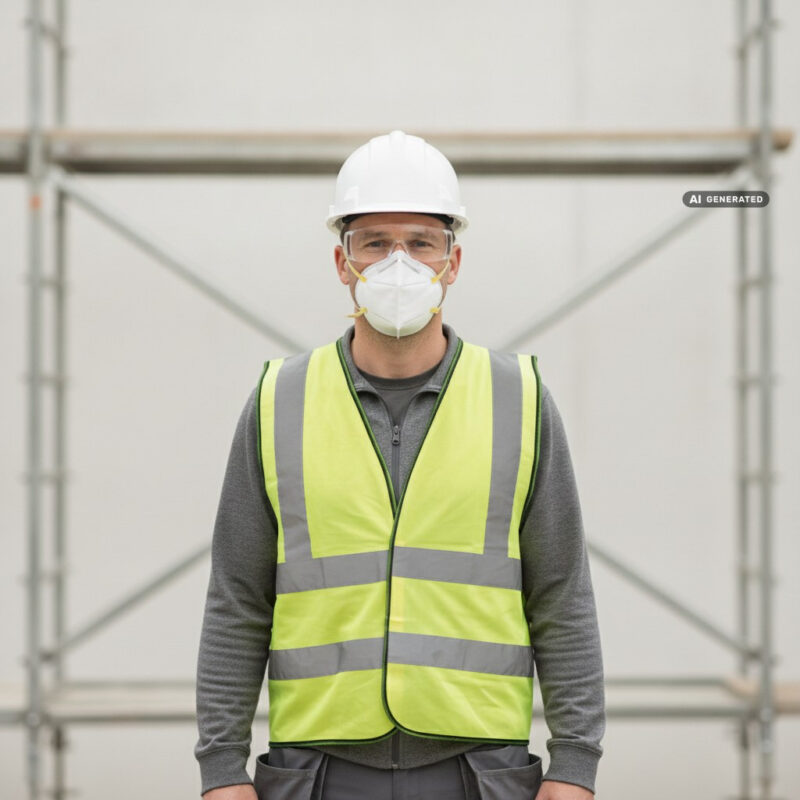 Construction worker wearing a white hard hat, safety glasses and a disposable respirator on a bright building site