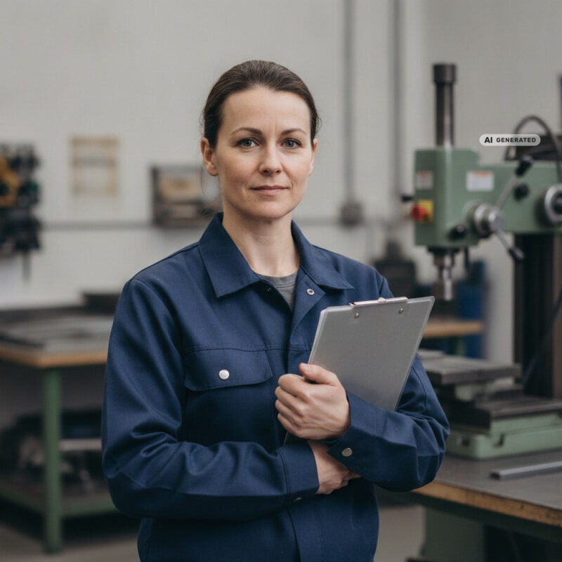 A small-business owner holding a clipboard in a bright UK metal fabrication workshop, representing an employer's noise risk assessment duties