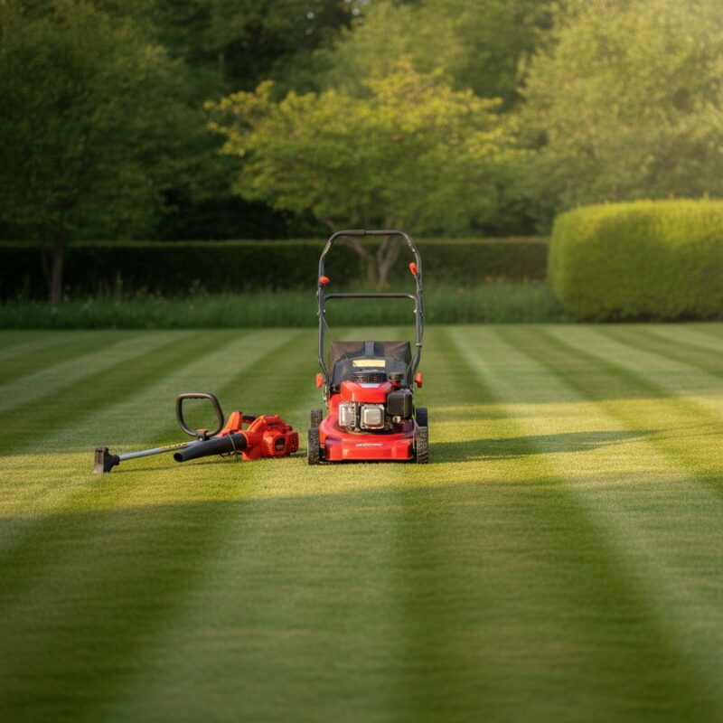 A petrol lawn mower, strimmer and leaf blower on a freshly striped lawn in morning light
