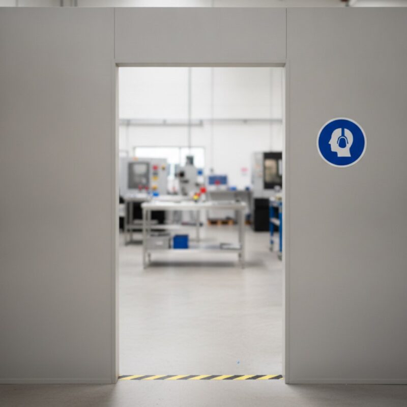 Entrance to a factory hearing protection zone with a blue mandatory ear protection sign beside the doorway and yellow and black floor tape at the threshold