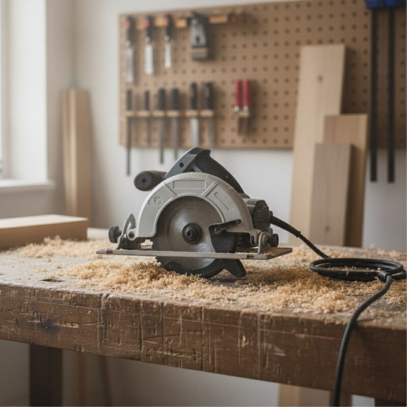 A corded circular saw on a sawdust-covered wooden workbench in a small woodworking workshop, with hand tools on a pegboard behind