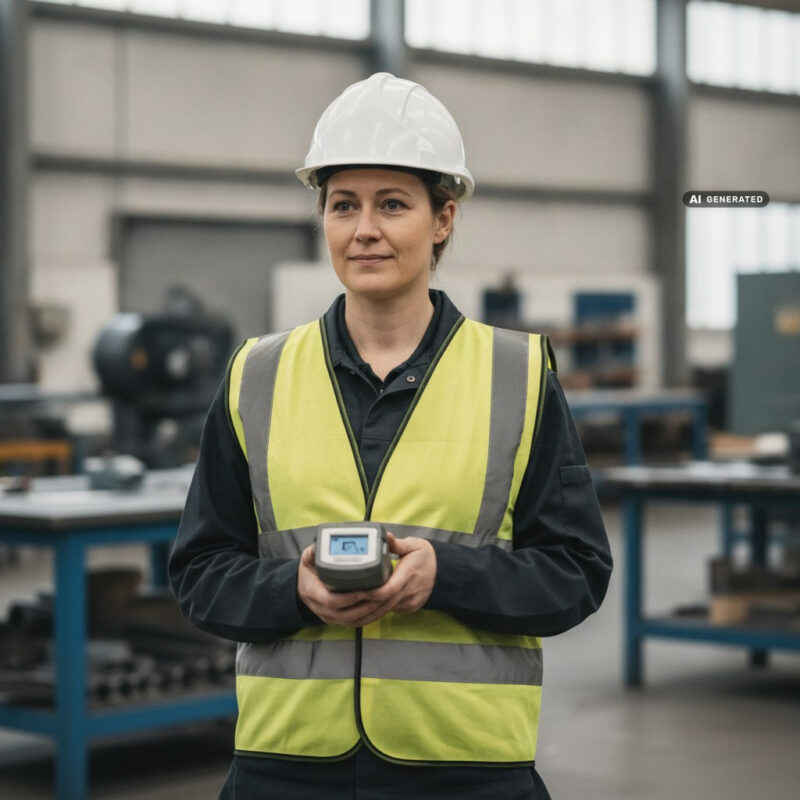 Site supervisor in a hi-vis vest and hard hat reading a handheld sound level meter in a bright workshop