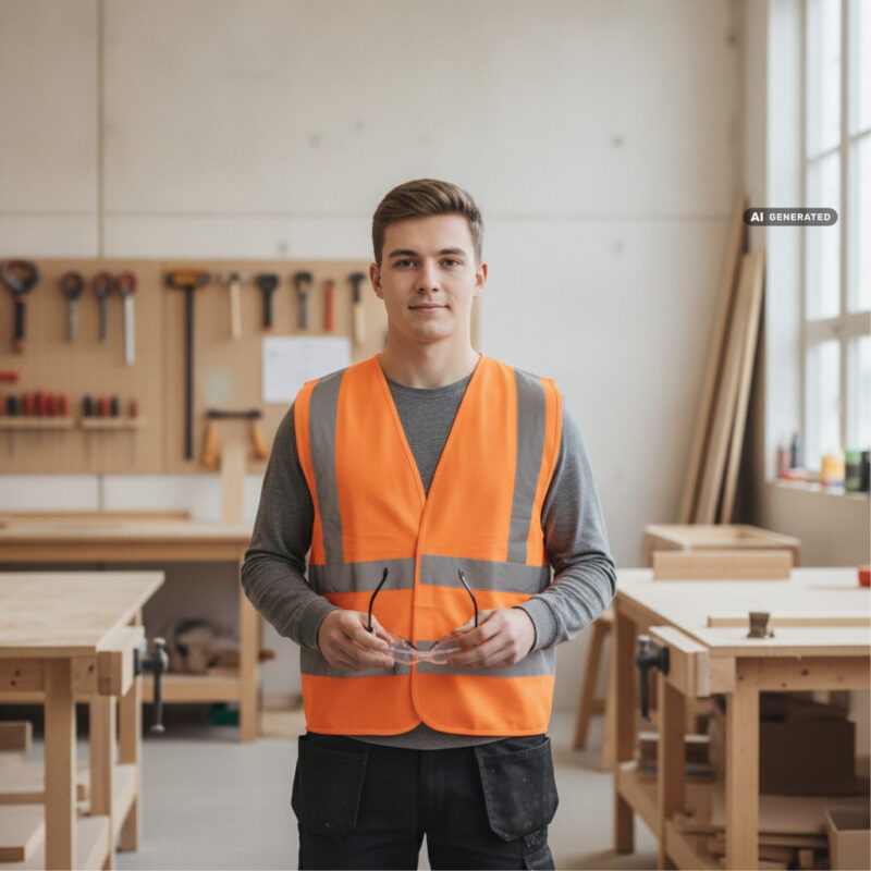 Apprentice in a hi-vis vest holding safety glasses in a bright joinery workshop at the start of a shift