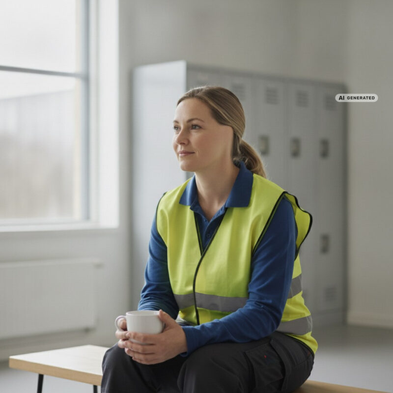 A factory worker in a hi-vis vest taking a break with a mug of tea in a quiet staff break area