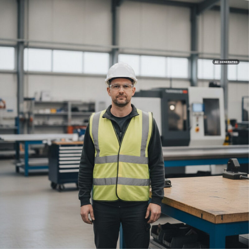 A fabrication worker in a white hard hat, clear safety glasses and hi-vis vest standing beside a workbench in a bright UK metal-fabrication workshop