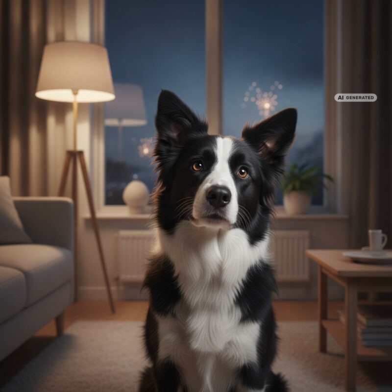 Border Collie sitting in a lamp-lit living room at dusk with ears pricked, listening, as a faint glow of distant fireworks shows through the window behind it