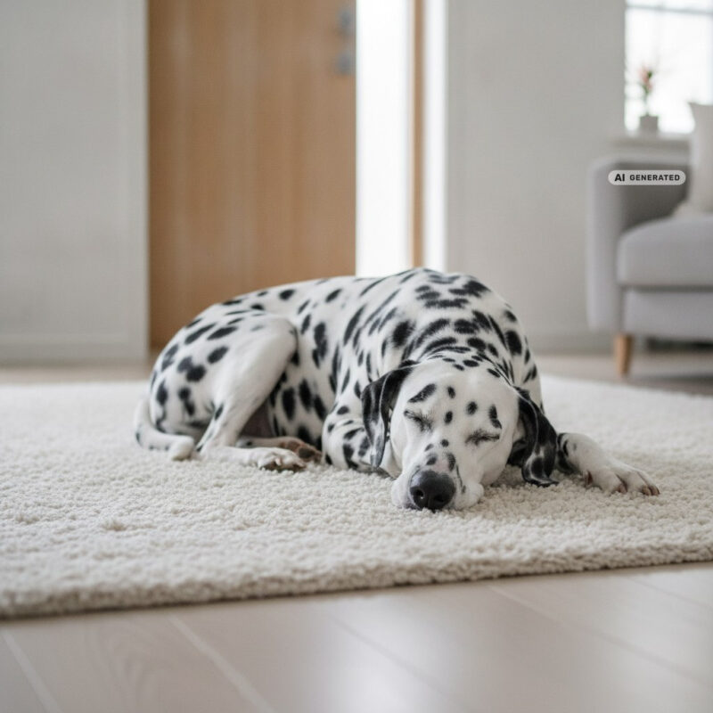 A senior Dalmatian asleep on a rug in a quiet living room near the front door