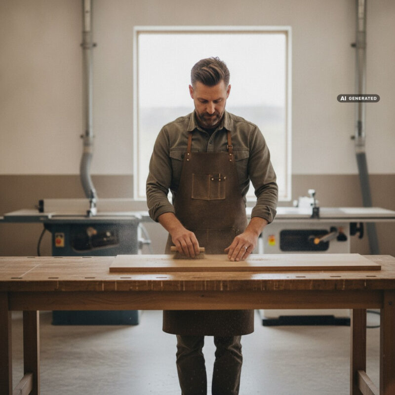 A carpenter at a workbench in a quiet, light-filled joinery workshop at the end of a shift