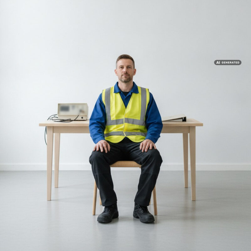A warehouse worker in a hi-vis vest waiting calmly in a bright occupational health room before a routine workplace hearing test